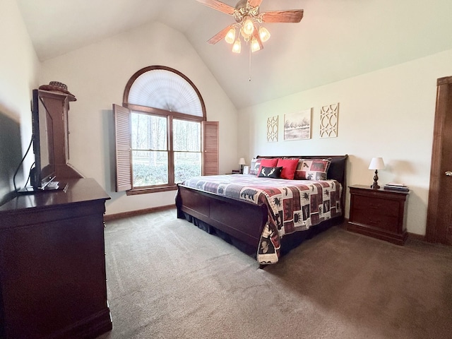 carpeted bedroom featuring high vaulted ceiling, a ceiling fan, and baseboards
