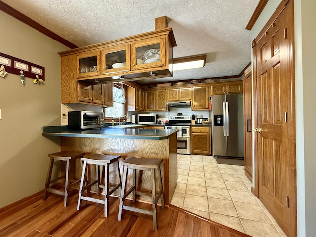 kitchen featuring glass insert cabinets, light wood-type flooring, a peninsula, under cabinet range hood, and stainless steel appliances