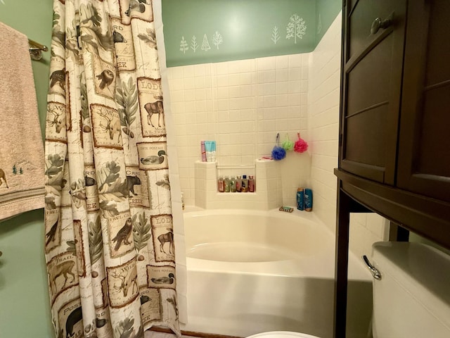 full bathroom with toilet and shower / bath combination with curtain