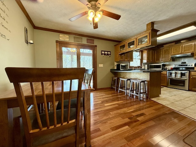 kitchen featuring crown molding, light wood-style floors, under cabinet range hood, dark countertops, and stainless steel appliances