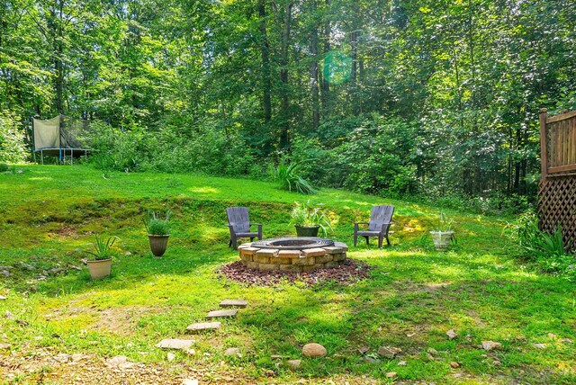 4862 Louise Rd, Cumberland Furnace, TN 37051 - view of grassy yard with an outdoor fire pit and a trampoline