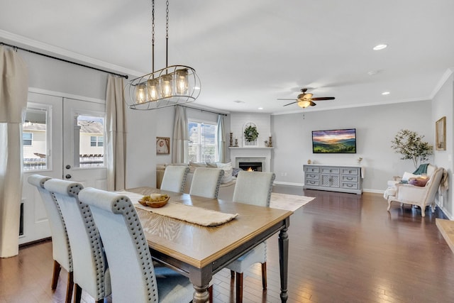 114 Suggs Dr, Lebanon, TN 37087 - dining space with a warm lit fireplace, recessed lighting, crown molding, ceiling fan, and wood-type flooring