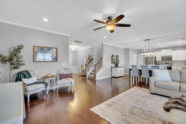 114 Suggs Dr, Lebanon, TN 37087 - living room with ceiling fan, dark wood-type flooring, ornamental molding, recessed lighting, and stairway