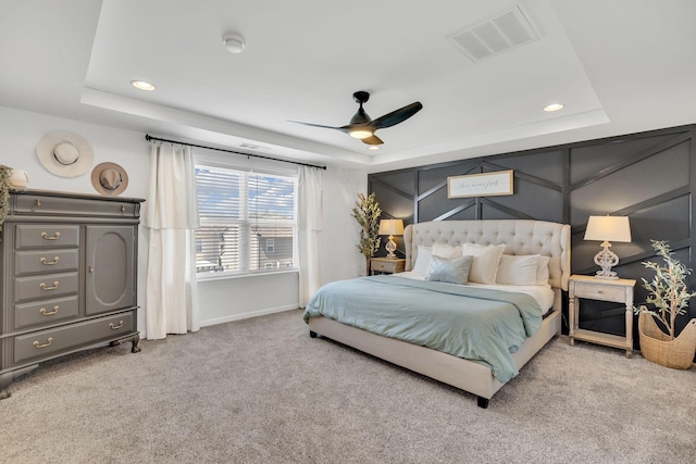 114 Suggs Dr, Lebanon, TN 37087 - carpeted bedroom with visible vents, ceiling fan, a raised ceiling, and recessed lighting