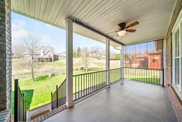 view of patio featuring a porch, fence private yard, and ceiling fan