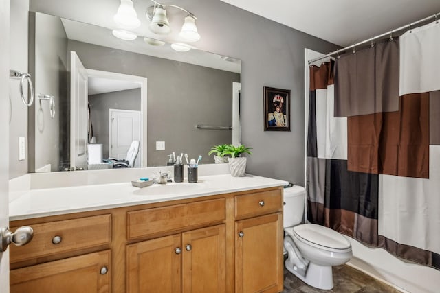 full bathroom with shower / tub combo, toilet, and vanity