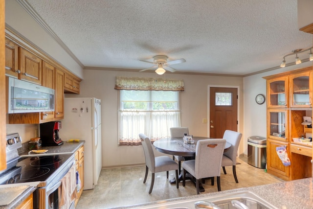 dining room with baseboards, a textured ceiling, a ceiling fan, and crown molding
