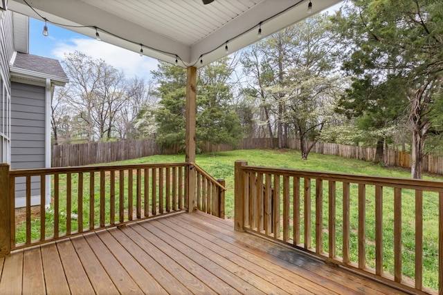 deck featuring a fenced backyard and a lawn