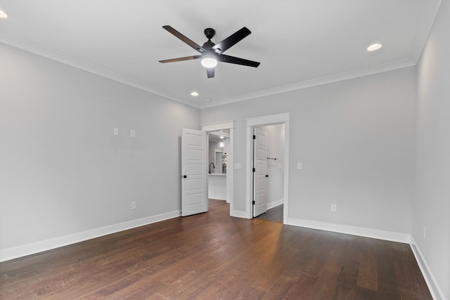 unfurnished bedroom with crown molding, baseboards, recessed lighting, and wood finished floors