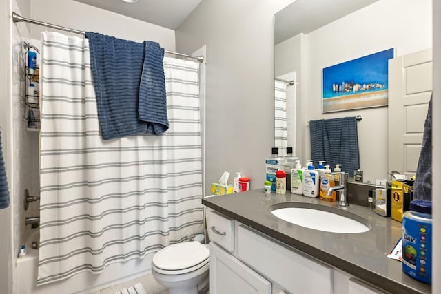 full bath featuring shower / bath combination with curtain, toilet, and vanity