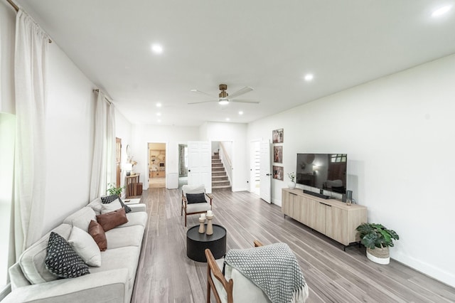 375 Mount Vernon Rd, Bethpage, TN 37022 - living area with baseboards, a ceiling fan, recessed lighting, light wood finished floors, and stairway