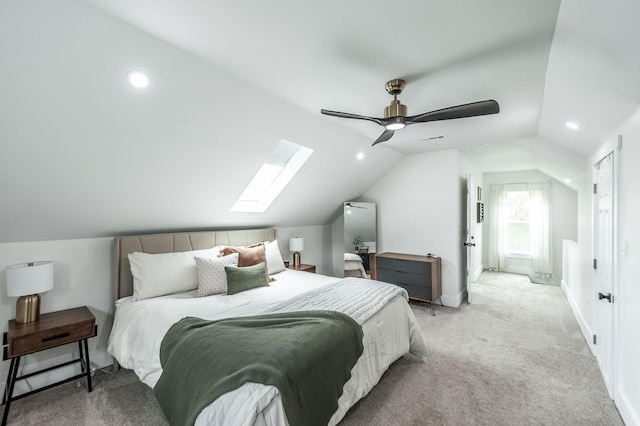375 Mount Vernon Rd, Bethpage, TN 37022 - bedroom featuring a ceiling fan, visible vents, light carpet, baseboards, and lofted ceiling with skylight