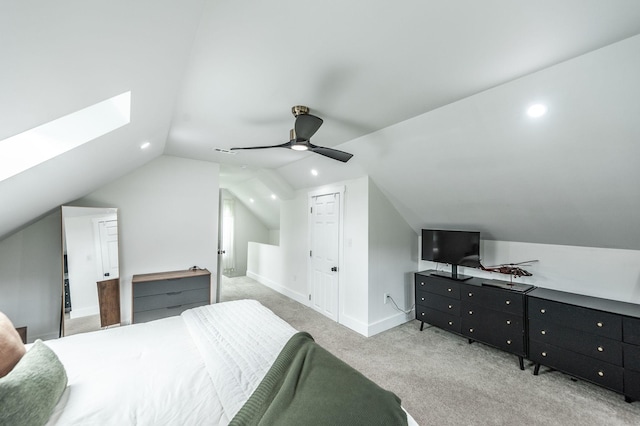 375 Mount Vernon Rd, Bethpage, TN 37022 - bedroom featuring baseboards, recessed lighting, carpet flooring, vaulted ceiling with skylight, and a ceiling fan