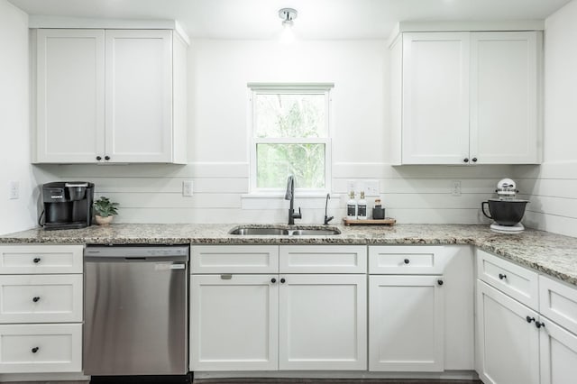 375 Mount Vernon Rd, Bethpage, TN 37022 - kitchen with light stone counters, backsplash, white cabinets, dishwasher, and a sink