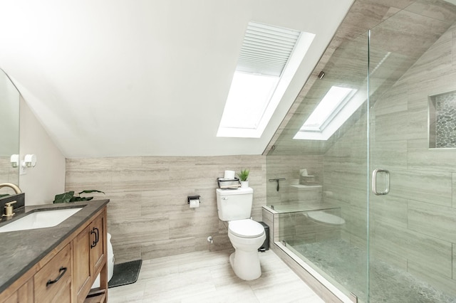 375 Mount Vernon Rd, Bethpage, TN 37022 - full bathroom featuring toilet, a stall shower, vanity, and lofted ceiling with skylight