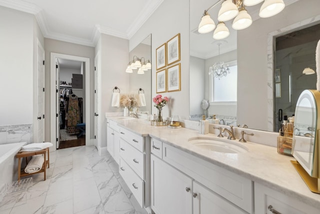 bathroom with a sink, marble finish floor, a chandelier, and crown molding