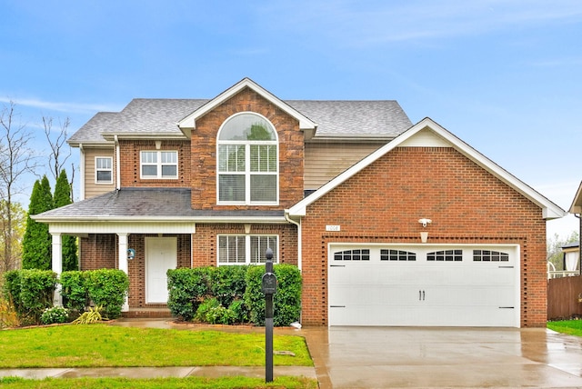 traditional-style home featuring roof with shingles, driveway, a front lawn, brick siding, and fence