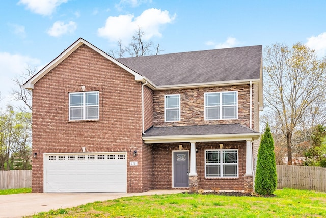 view of front of house featuring an attached garage, a shingled roof, concrete driveway, and fence