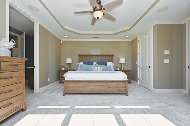1496 Foxland Blvd, Gallatin, TN 37066 - bedroom with visible vents, a raised ceiling, a ceiling fan, crown molding, and light colored carpet