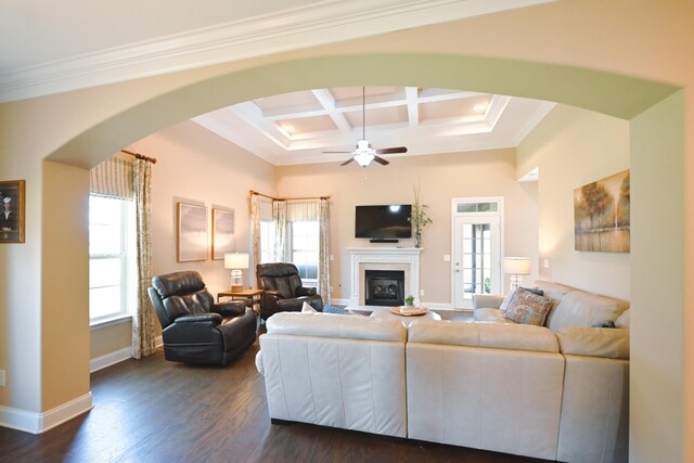 1496 Foxland Blvd, Gallatin, TN 37066 - living room featuring arched walkways, ornamental molding, ceiling fan, coffered ceiling, and a glass covered fireplace