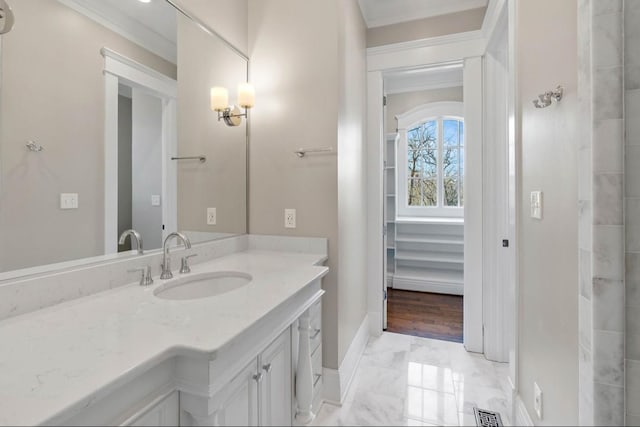508 Huckleberry Rd, Nashville, TN 37205 - bathroom featuring visible vents, baseboards, marble finish floor, and vanity