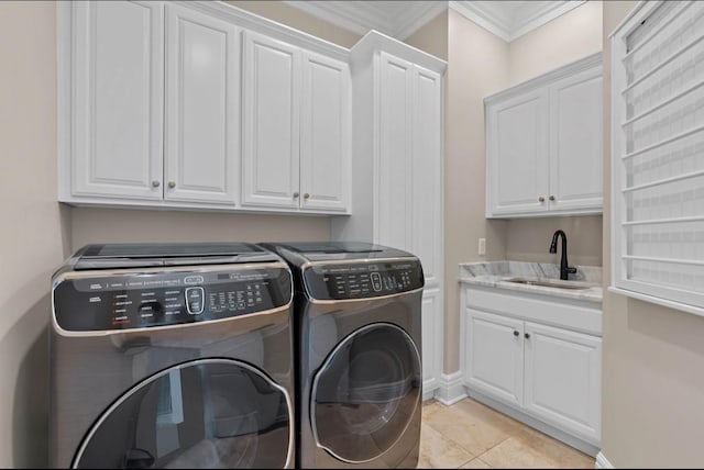508 Huckleberry Rd, Nashville, TN 37205 - washroom featuring light tile patterned floors, a sink, ornamental molding, cabinet space, and washing machine and dryer