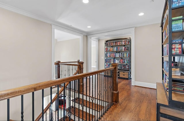 508 Huckleberry Rd, Nashville, TN 37205 - corridor featuring crown molding, recessed lighting, wood finished floors, an upstairs landing, and baseboards