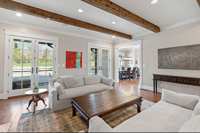 508 Huckleberry Rd, Nashville, TN 37205 - living area featuring baseboards, recessed lighting, french doors, beam ceiling, and wood finished floors