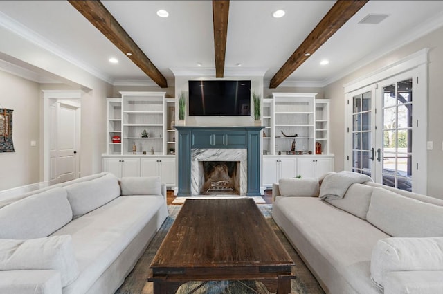 508 Huckleberry Rd, Nashville, TN 37205 - living room with a premium fireplace, ornamental molding, beam ceiling, and recessed lighting