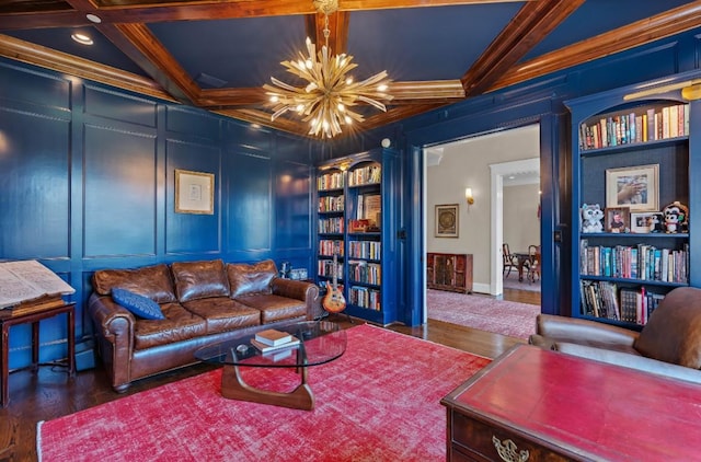 508 Huckleberry Rd, Nashville, TN 37205 - living room with a decorative wall, built in features, a chandelier, wood finished floors, and coffered ceiling
