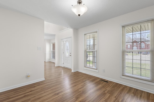 entrance foyer with visible vents, baseboards, wood finished floors, and a healthy amount of sunlight