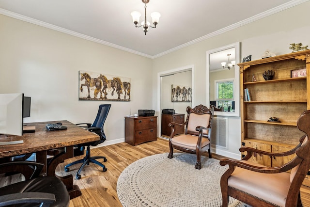 1132 Roseland Dr, Columbia, TN 38401 - office space featuring baseboards, light wood finished floors, visible vents, a chandelier, and crown molding