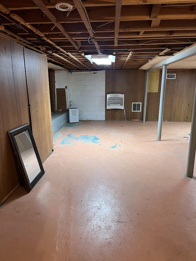 728 Robert Burns Dr, Nashville, TN 37217 - unfinished below grade area featuring wooden walls, visible vents, concrete block wall, and heating unit