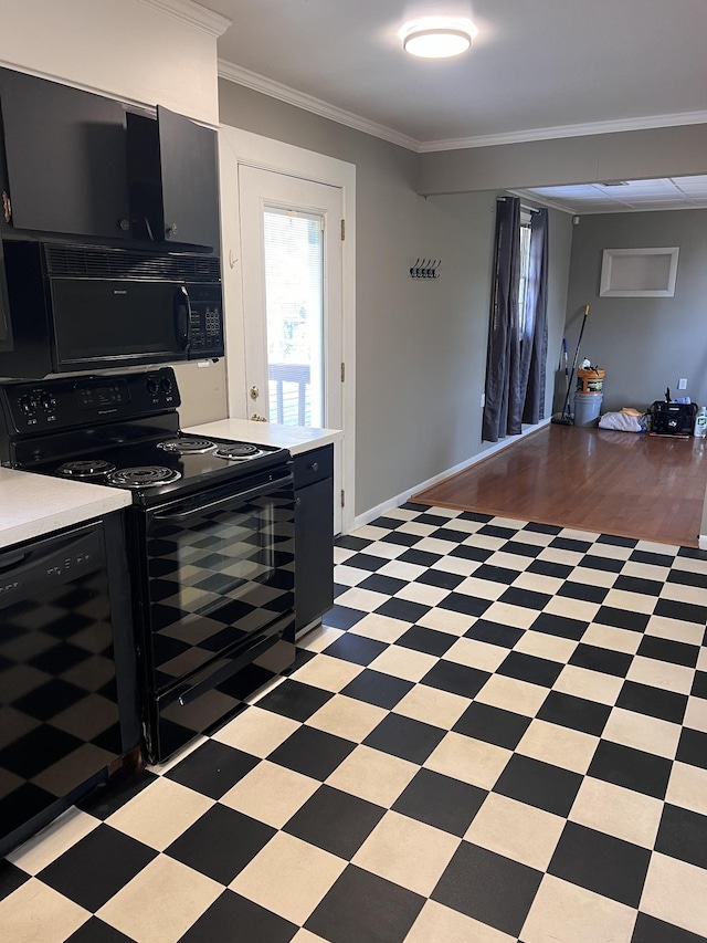 728 Robert Burns Dr, Nashville, TN 37217 - kitchen featuring dark cabinets, black appliances, ornamental molding, and wine cooler