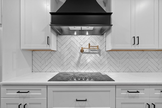 311 Riverview Dr, Dover, TN 37058 - kitchen featuring custom range hood, tasteful backsplash, white cabinets, and black electric cooktop