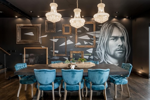 dining space featuring an inviting chandelier, wood finished floors, and baseboards