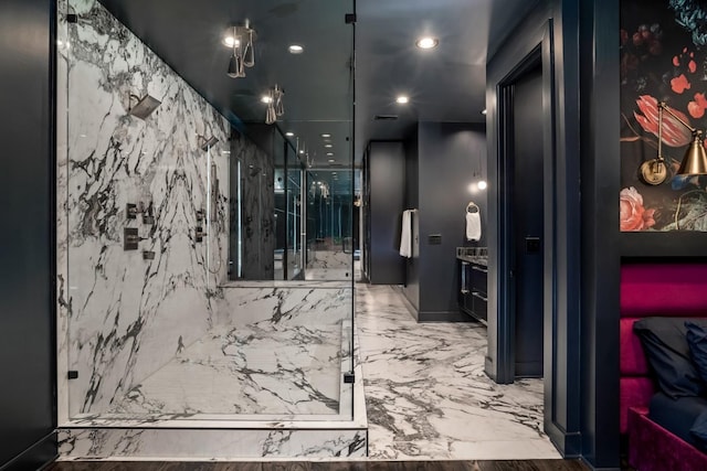 hallway featuring recessed lighting and marble finish floor