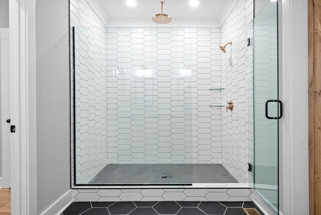307 Riverview Dr, Dover, TN 37058 - bathroom with a stall shower, tile patterned floors, and recessed lighting