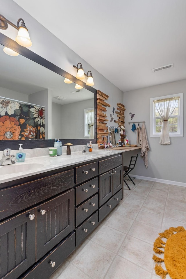full bath featuring a sink, tile patterned flooring, visible vents, and a wealth of natural light