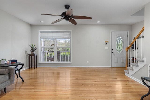 entryway with baseboards, a ceiling fan, light wood-style floors, recessed lighting, and stairway