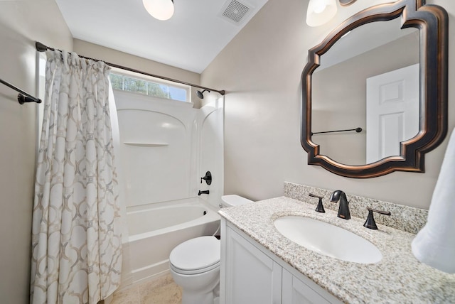 bathroom featuring visible vents, toilet, shower / bathtub combination with curtain, vanity, and lofted ceiling