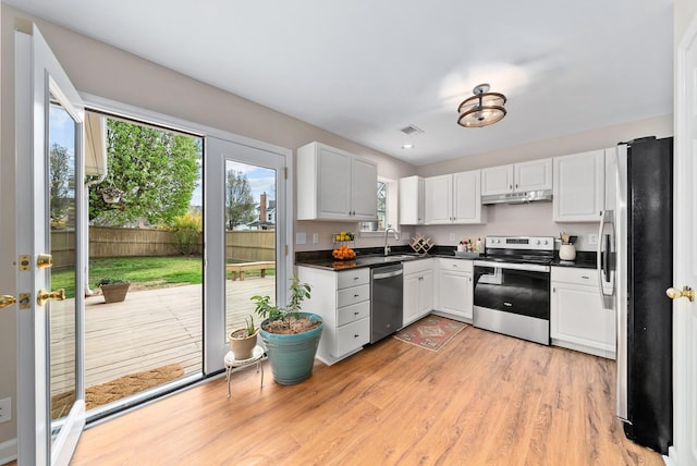 kitchen featuring dark countertops, visible vents, a healthy amount of sunlight, stainless steel appliances, and a sink