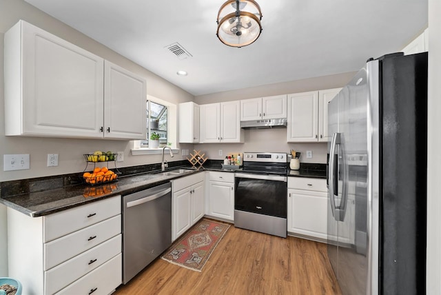 kitchen featuring visible vents, under cabinet range hood, a sink, stainless steel appliances, and light wood finished floors