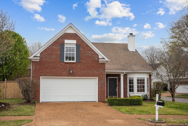 traditional home featuring a garage, a chimney, fence, brick siding, and driveway