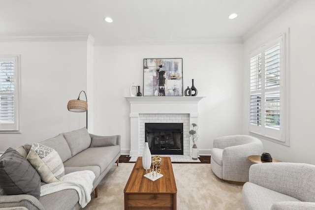 926 Acklen Ave Unit A, Nashville, TN 37203 - living room with recessed lighting, a fireplace, baseboards, and ornamental molding