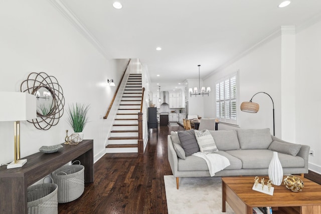 926 Acklen Ave Unit A, Nashville, TN 37203 - living room featuring an inviting chandelier, ornamental molding, recessed lighting, stairs, and wood finished floors