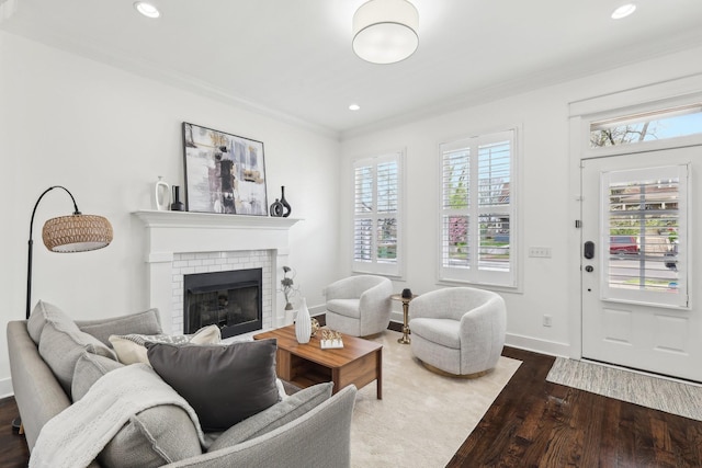 926 Acklen Ave Unit A, Nashville, TN 37203 - living area featuring ornamental molding, baseboards, wood finished floors, and a fireplace