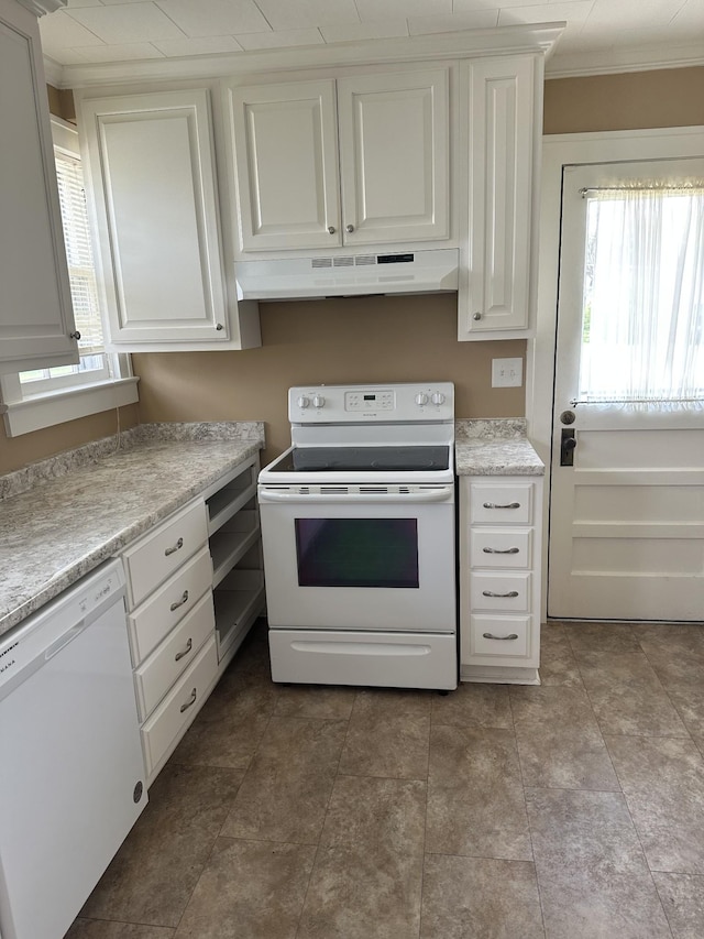 309 3rd Ave Unit 40, Fayetteville, TN 37334 - kitchen with white appliances, light countertops, crown molding, white cabinets, and under cabinet range hood