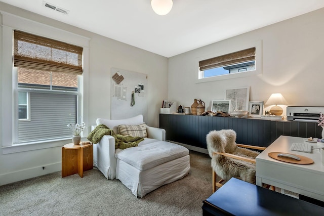 living area with carpet and baseboards