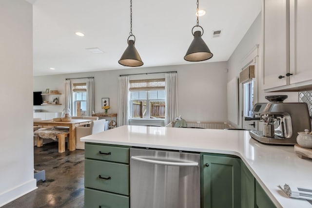 kitchen featuring green cabinetry, dishwasher, light countertops, a peninsula, and recessed lighting